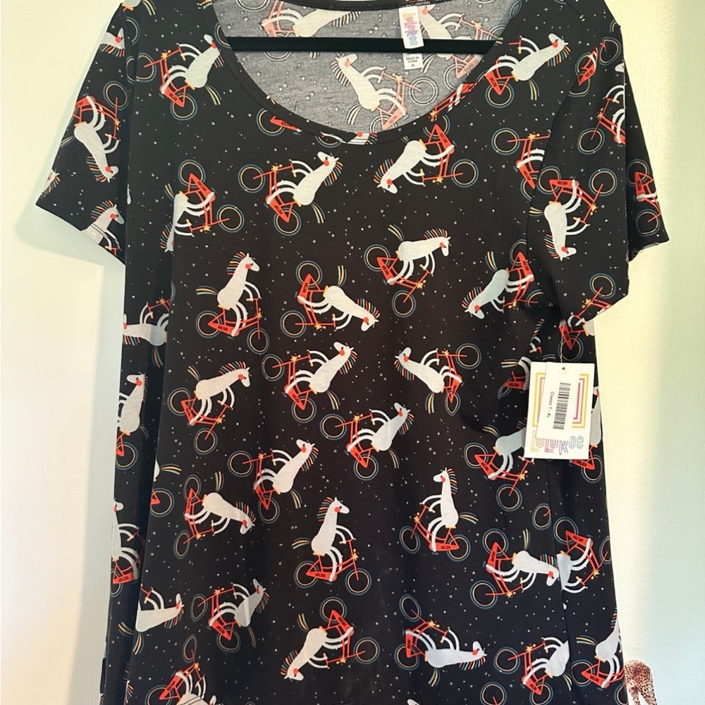 LuLaRoe Black Tee with Unicorn and Red Bicycle Print